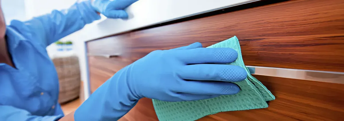 Cleaner wearing blue gloves wiping a wooden cabinet drawer with a microfiber cloth for dust and grime removal, Arvada, CO.