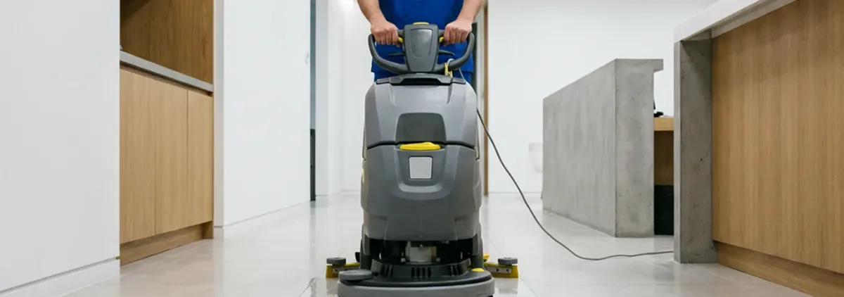 Janitorial staff using a floor scrubber machine to clean a commercial hallway, Arvada, CO.