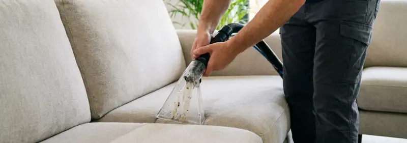 Technician extracting dirt and moisture from a fabric sofa with an upholstery cleaning wand, Arvada, CO.